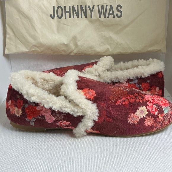 Johnny Was Sweet Bouquet Floral Cozy Shearling Loafer Slippers Burgundy Size 7 - Picture 6 of 13